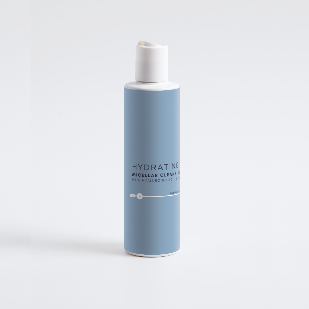 Skincare bottle labeled 'Hydrating Micellar Cleanser' on a light gray background