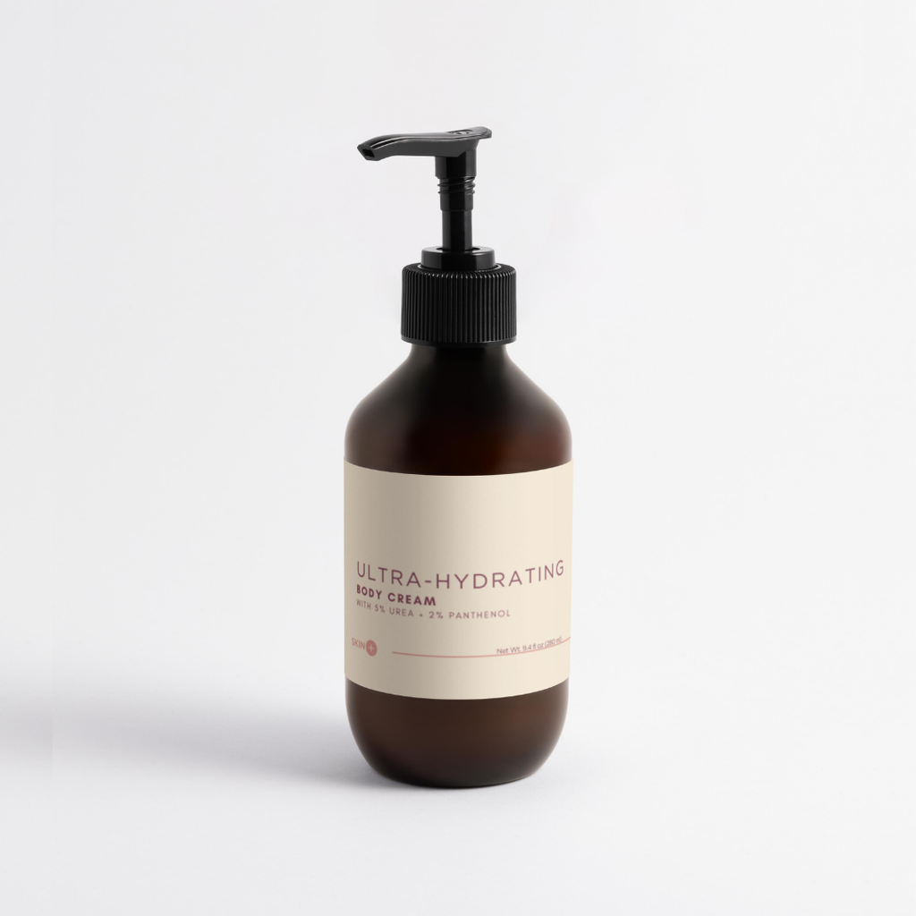 Brown bottle of ultra-hydrating body cream on a light gray background