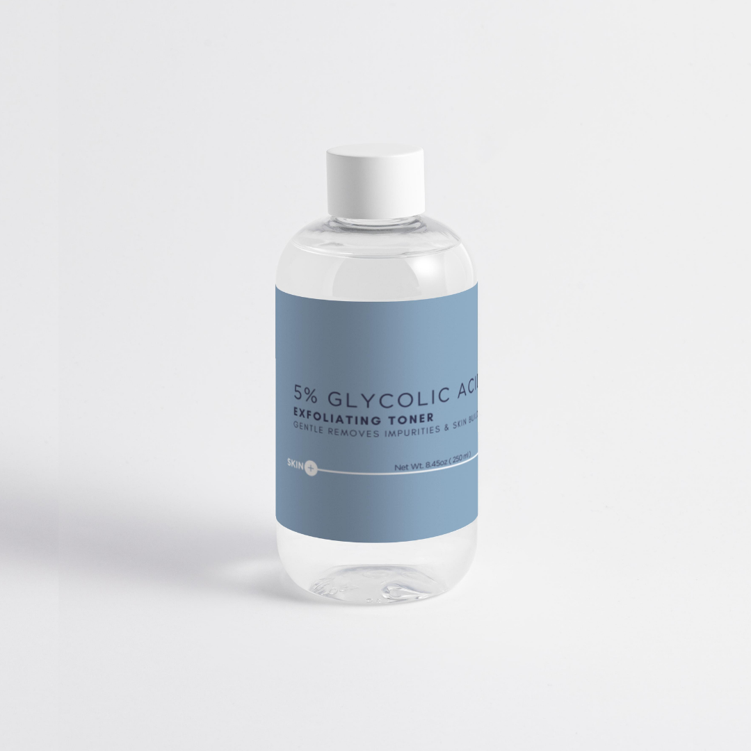 Bottle of 5% Glycolic Acid Exfoliating Toner with a blue label on a light gray background
